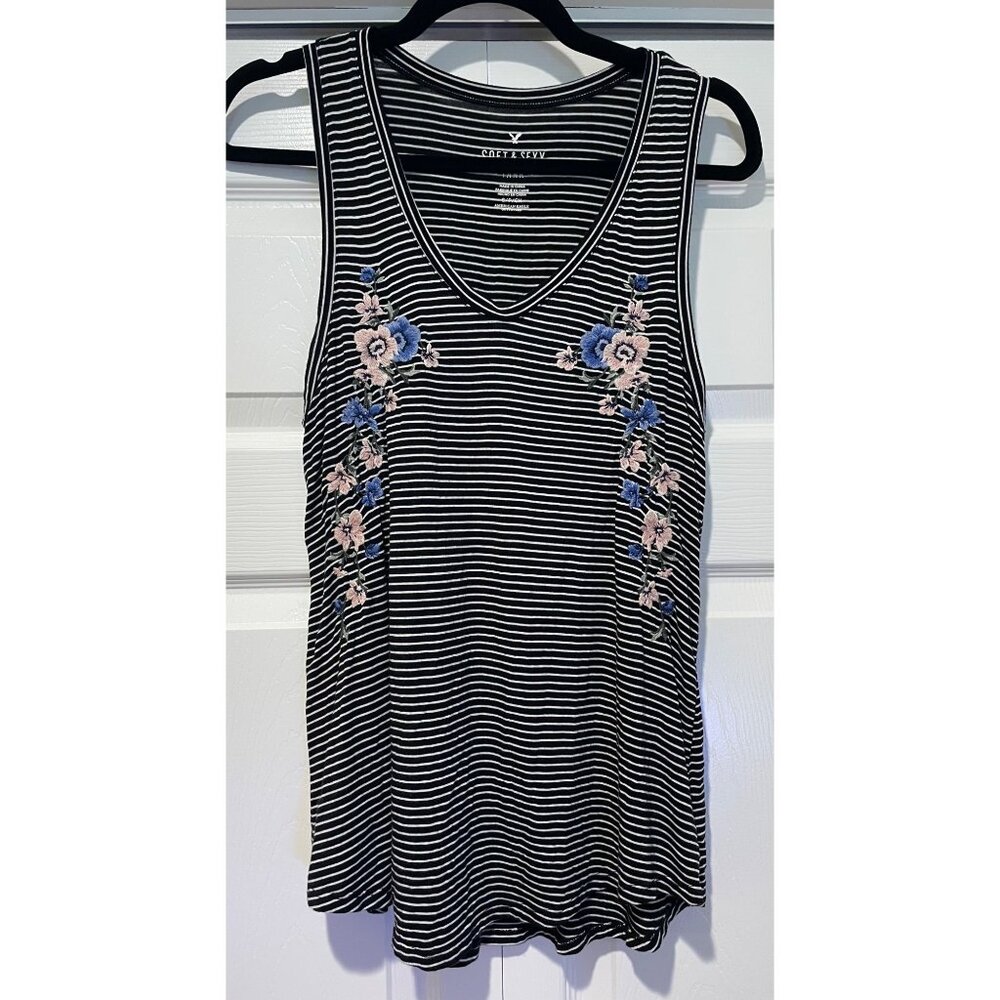 American Eagle Womens‎ Floral Striped Tank Top Size S Flowy Dark Fairy Romantic